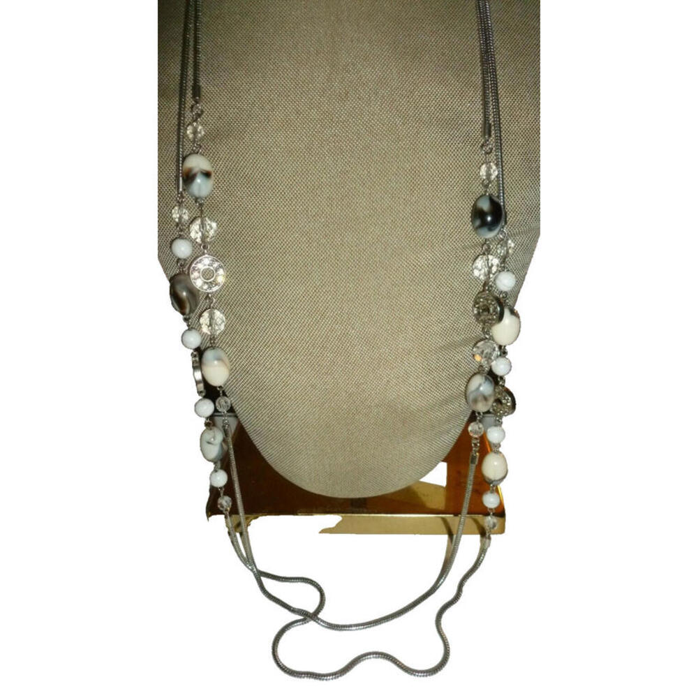 Double Strand Rhinestone Bead Statement Necklace Silver Tone Ann Taylor Loft 32"